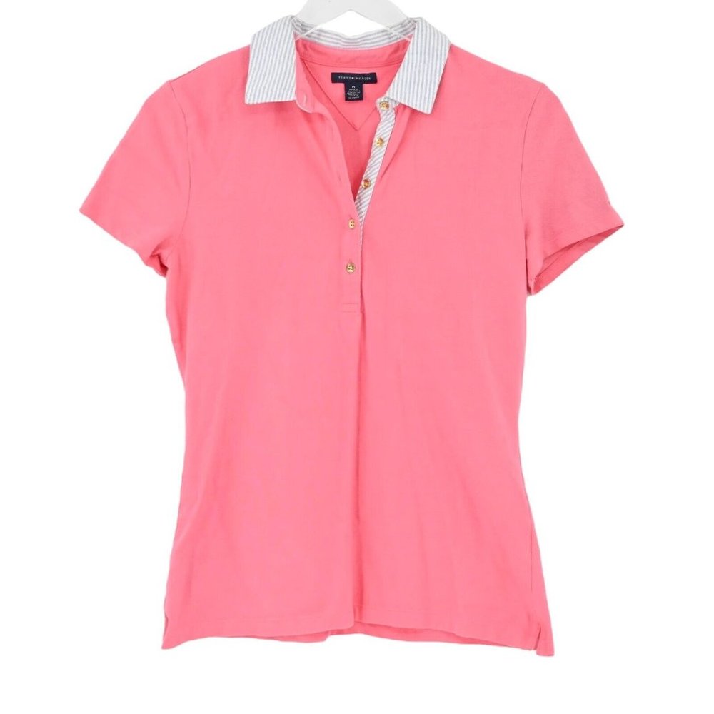 TOMMY HILFIGER Salmon Pink Polo Shirt Stripe Collar Barbiecore Preppy Sz Medium